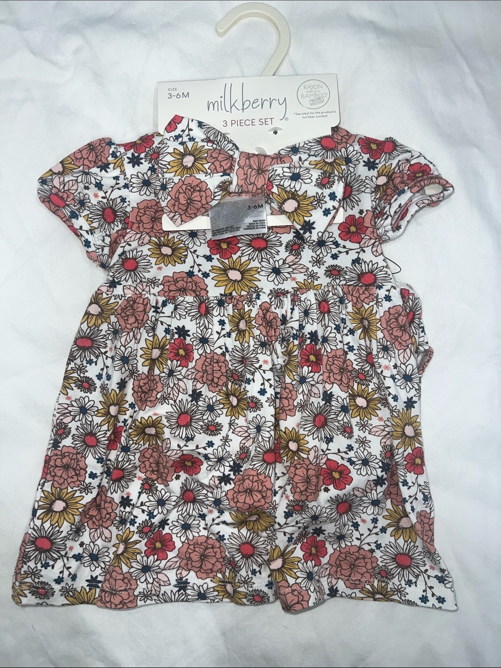 Milkberry Floral Short-Sleeve Baby Dress in White with Pink & Mustard Flowers
